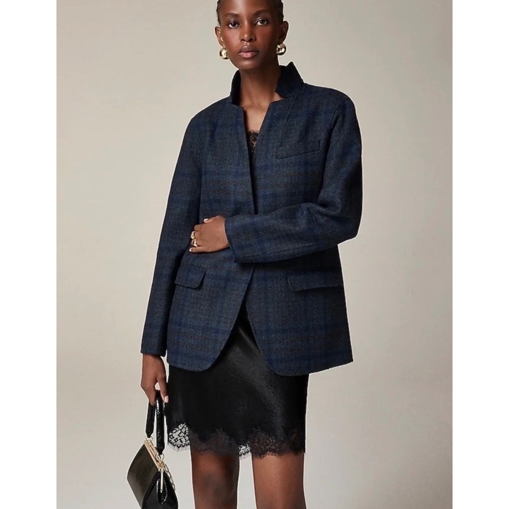 J. Crew Leighton Blazer-Jacket in Plaid Double-Faced Wool Blend Navy Sz 4 Preppy